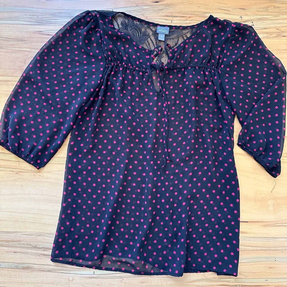 Vanity Black Sheer Chiffon 3/4 Sleeve Tunic Top with Pink Polka Dots Size Medium
